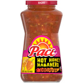 Pace Hot Honey Habanero salsa jar for topping tacos and nachos, glossy, bold flavor.