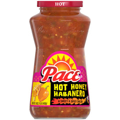 Pace Hot Honey Habanero salsa jar for topping tacos and nachos, glossy, bold flavor.