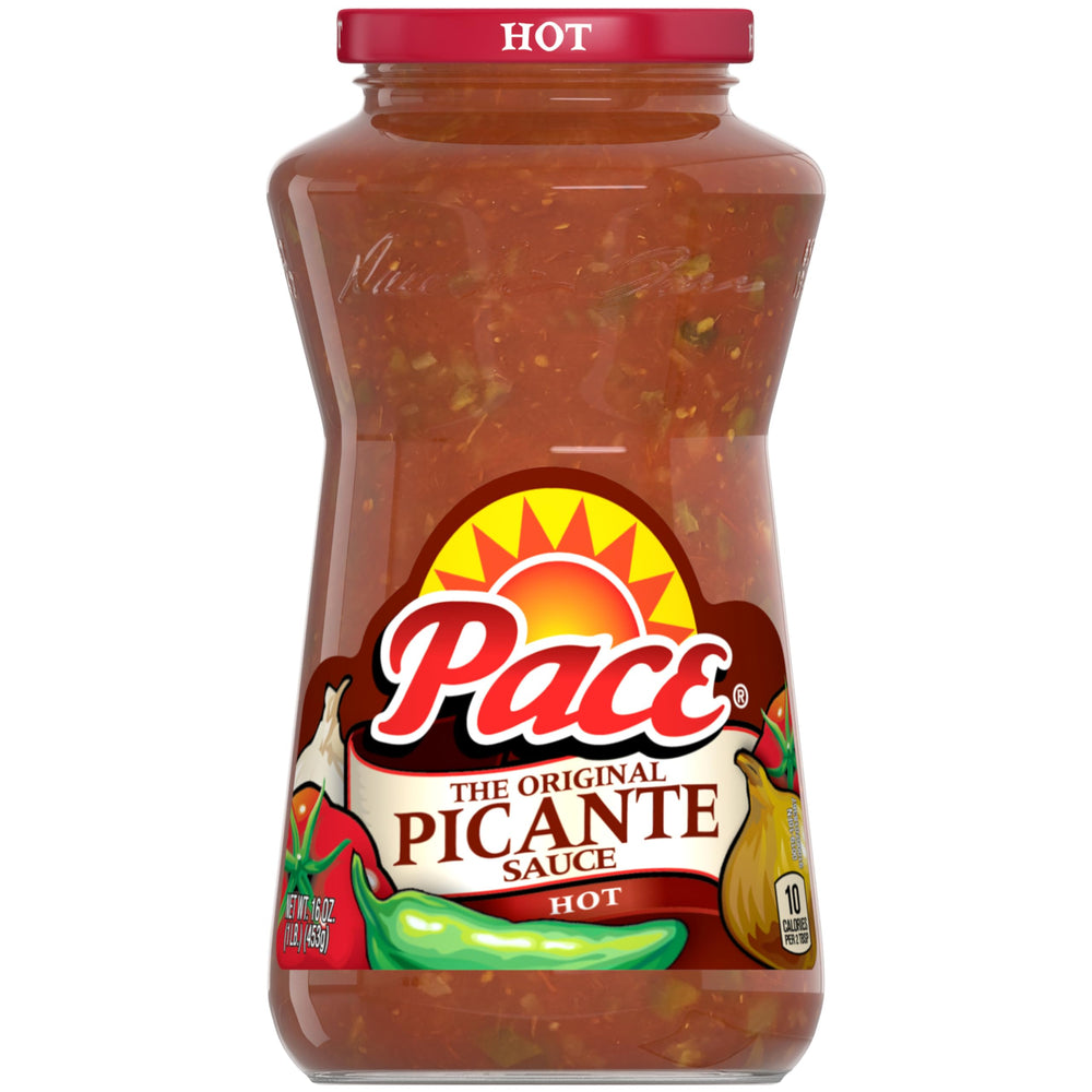 Pace Hot Picante Sauce 16 oz jar with fresh jalapeños and tomatoes for bold dipping