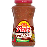 Pace Hot Picante Sauce 16 oz jar with fresh jalapeños and tomatoes for bold dipping