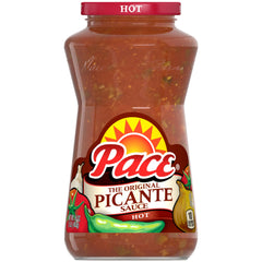 Pace Hot Picante Sauce 16 oz jar with fresh jalapeños and tomatoes for bold dipping