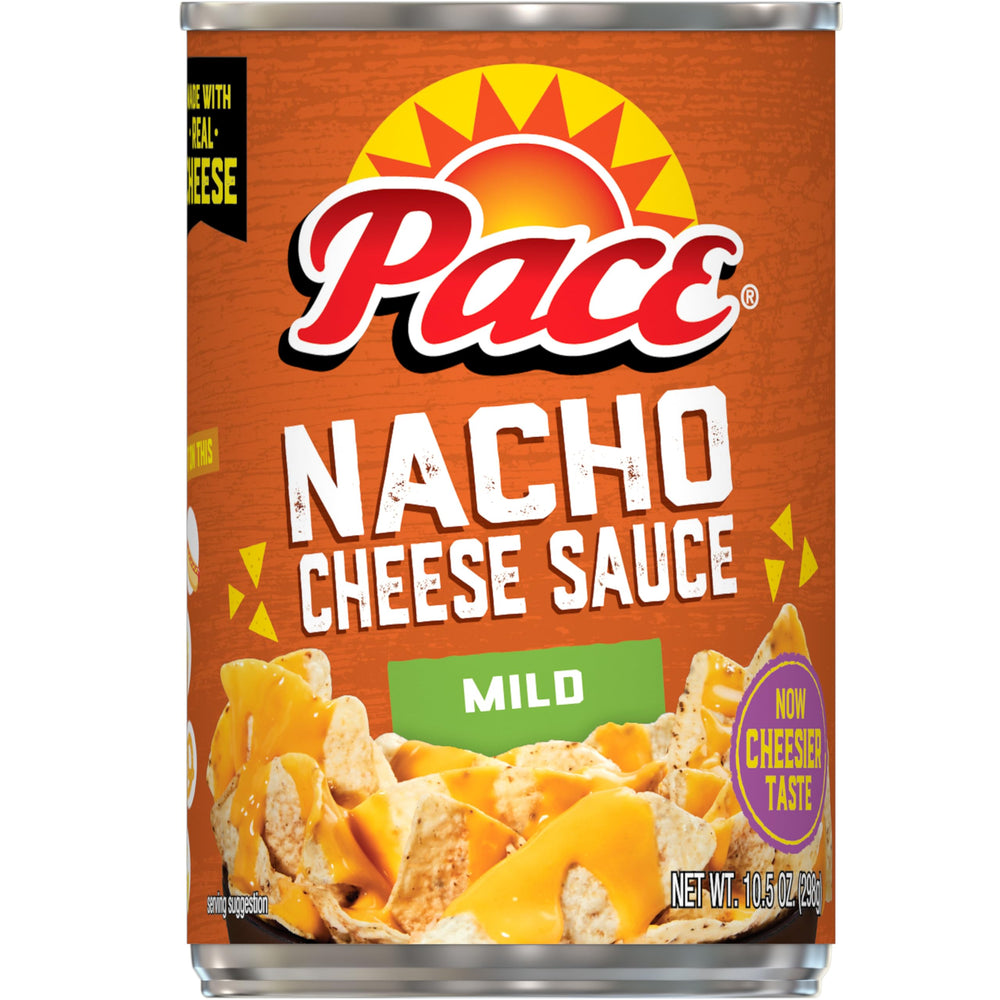 Pace Mild Nacho Cheese Sauce can front view, creamy dip ready for snacking.