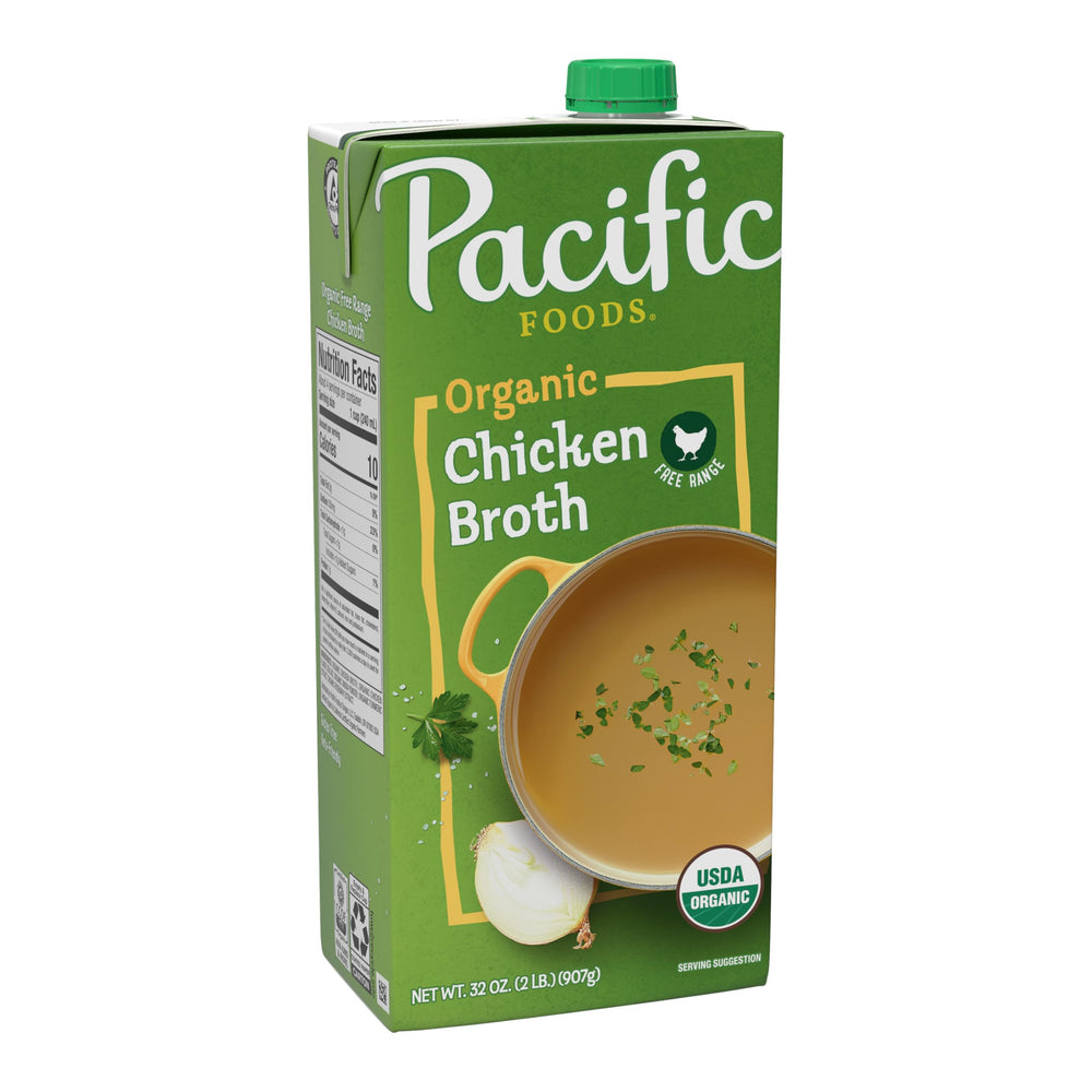 Pacific Foods Chicken Free Range broth bottle pour, ideal for sipping and cooking