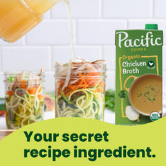 Steaming cup of Pacific Foods broth, a warm, low-calorie option