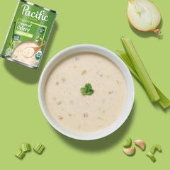 Pacific Foods Cream of Celery Condensed heats in the microwave for easy weeknight meals