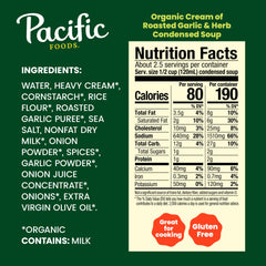 Pacific Foods condensed cream of roasted garlic and herb being poured to form a rich sauce base