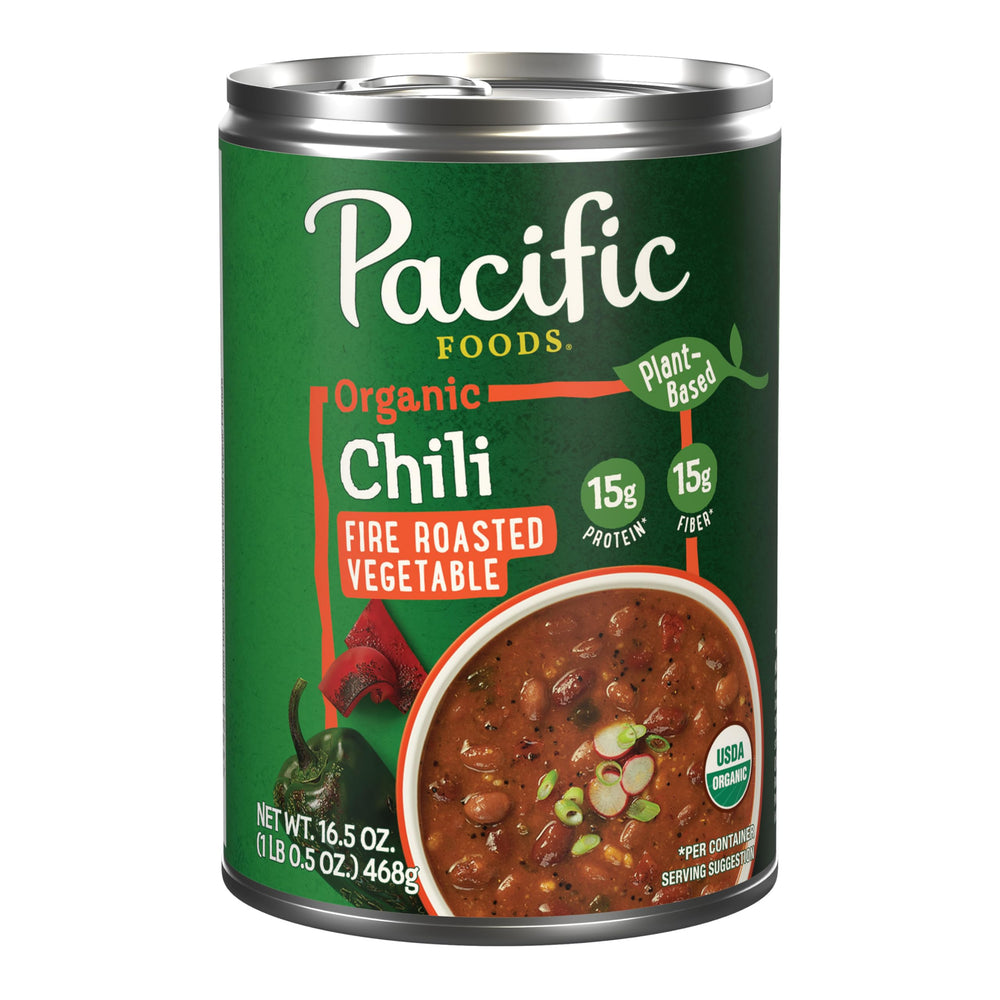 Pacific Foods Organic Fire Roasted Vegetable Chili can ready to heat for a quick plant-based meal