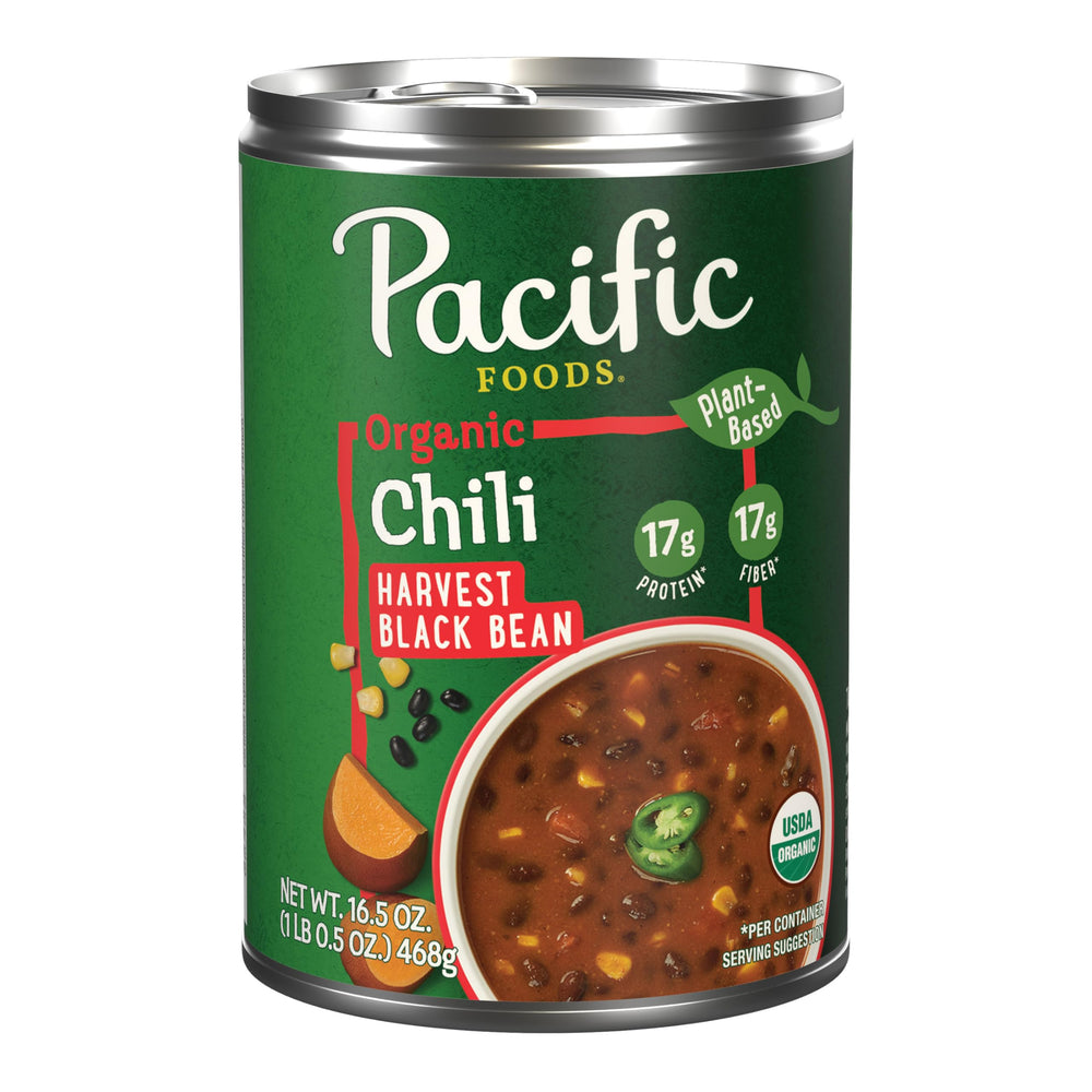 Pacific Foods Harvest Black Bean Chili front view can, organic plant-based option.