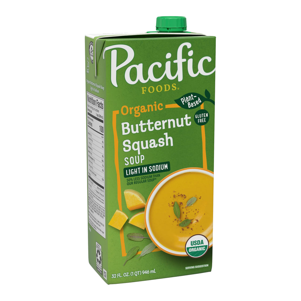 Pacific Foods low-sodium organic butternut squash soup carton, ready for quick meals.