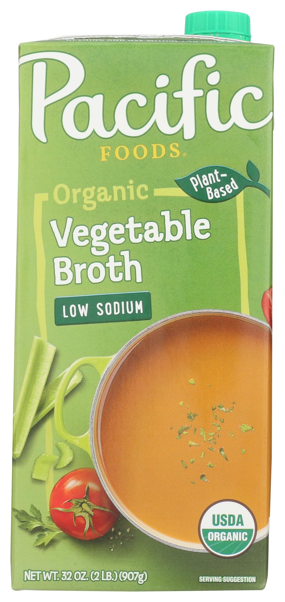 Pacific Foods low sodium vegetable broth bottle—rich organic flavor for healthier soups.
