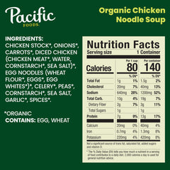 Pacific Foods Organic Chicken Noodle Soup ingredients panel shows organic chicken and vegetables