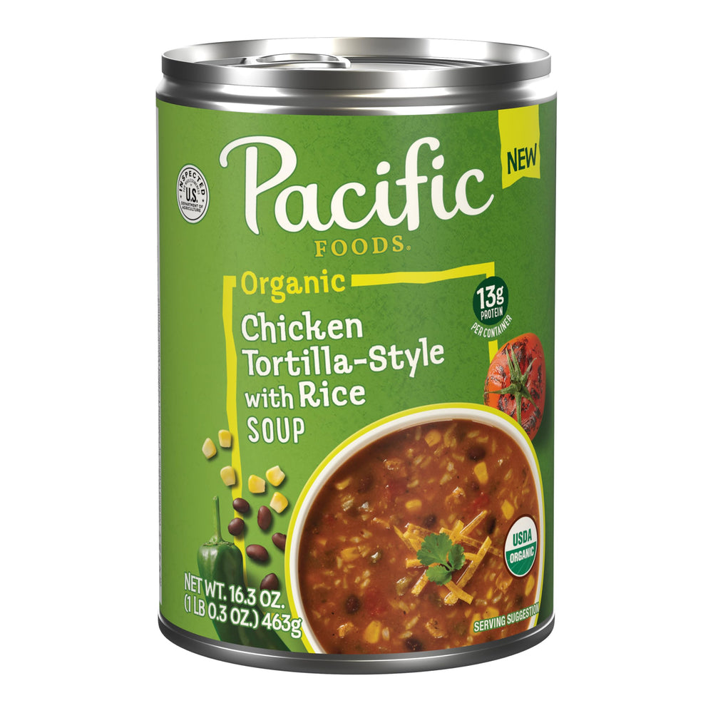 Pacific Foods Organic Chicken Tortilla Soup can front view, convenient protein-packed meal.