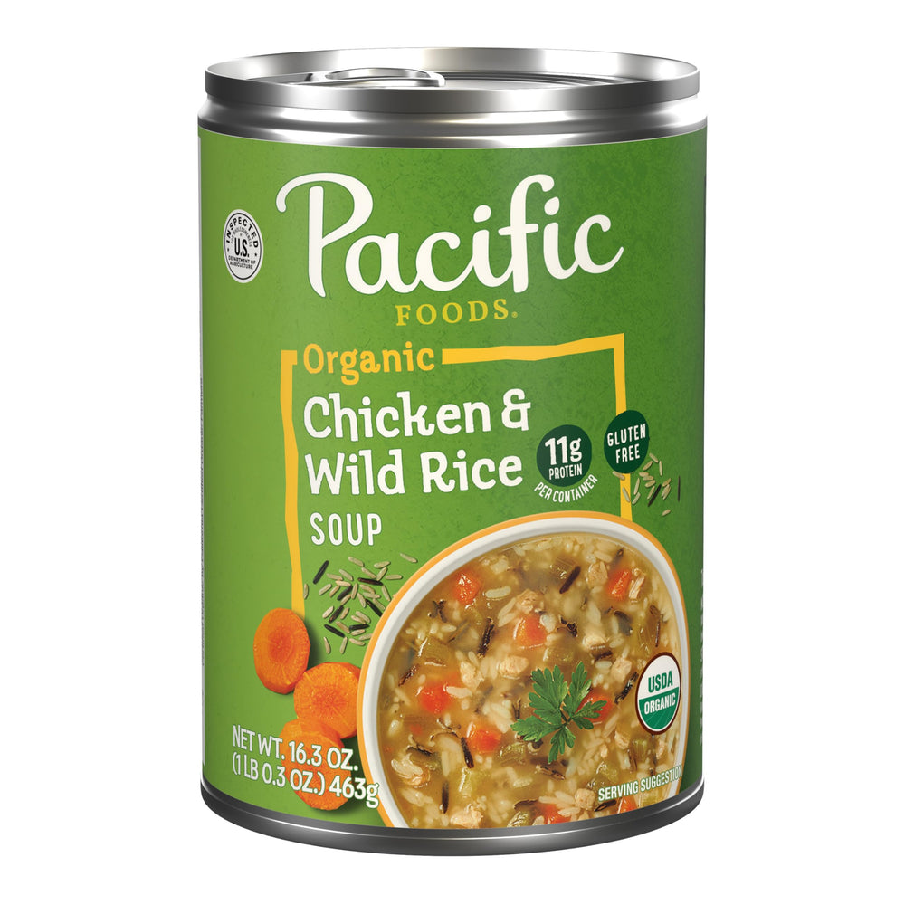 Pacific Foods Organic Chicken and Wild Rice Soup can front, ready for a warm, comforting meal