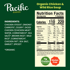 Pacific Foods Organic Chicken and Wild Rice Soup ingredients display chicken, rice, and vegetables