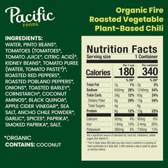 Pacific Foods organic chili ingredients with beans and quinoa highlight fiber and protein