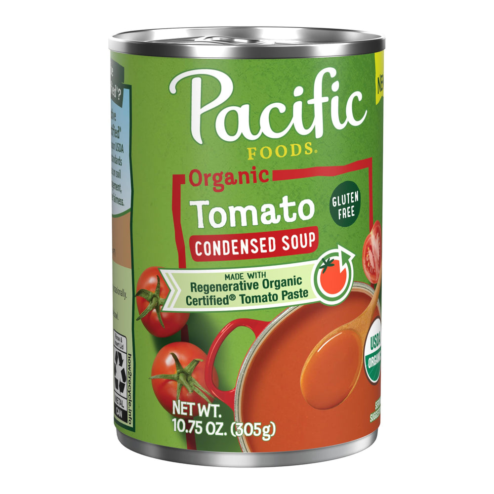 Pacific Foods Organic Condensed Tomato Soup can, showcasing regenerative organic certified ingredients for pantry use.