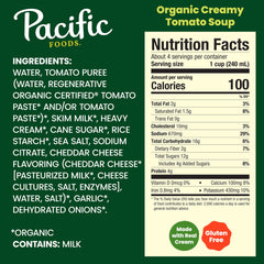Ingredients close-up of Pacific Foods Creamy Tomato Soup showing tomatoes and cream.