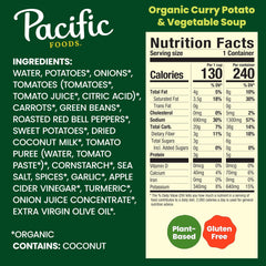 Pacific Foods Organic Curry Potato and Vegetable Soup label close-up highlighting organic ingredients.