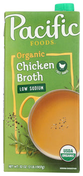 Pacific Foods Organic Free Range Chicken Broth bottle front label highlights quality ingredients and flavor
