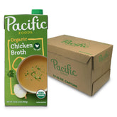 Pacific Foods organic free-range chicken broth carton on shelf, a versatile base for meals.