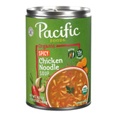Pacific Foods Organic Spicy Chicken Noodle Soup can on shelf, convenient pantry staple