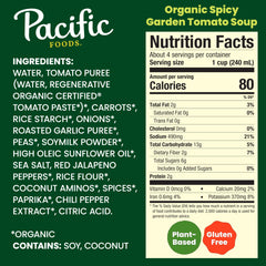 Pacific Foods Spicy Garden Tomato Soup ingredients panel highlights non-GMO and regenerative organic certified tomato paste.