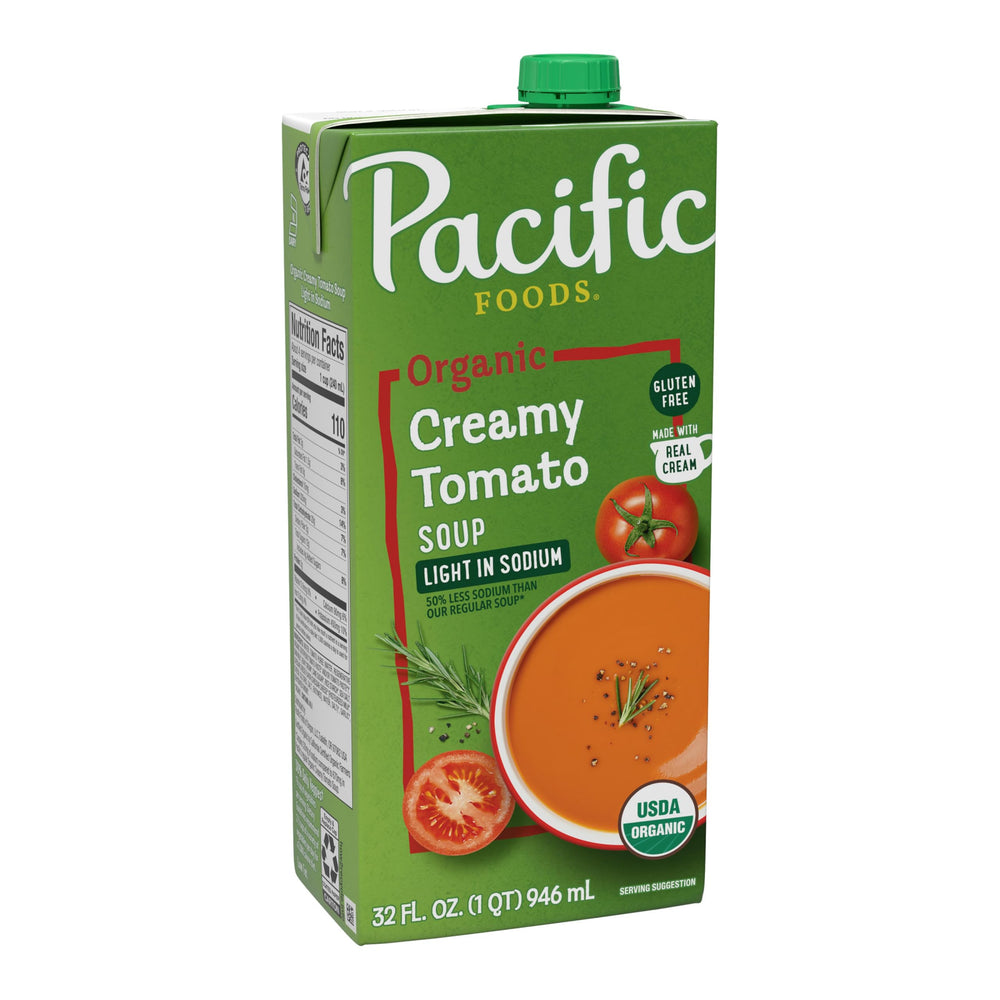 Pacific Foods Creamy Tomato Soup carton top view, ready to heat for a quick snack.