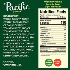 Pacific Foods tomato soup being poured into a bowl for a cozy meal.