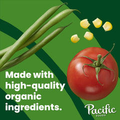 Pacific Foods vegan soup label shows organic, gluten-free, non-GMO assurances