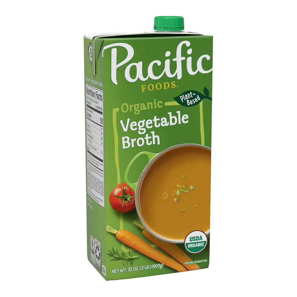 Pacific Foods Organic Vegetable Broth 32 oz carton front view, ideal base for soups.