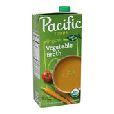 Pacific Foods Organic Vegetable Broth 32 oz carton front view, ideal base for soups.