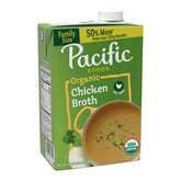 Pacific Foods Organic Chicken Broth carton front, ready-to-use kitchen staple for soups and stews.