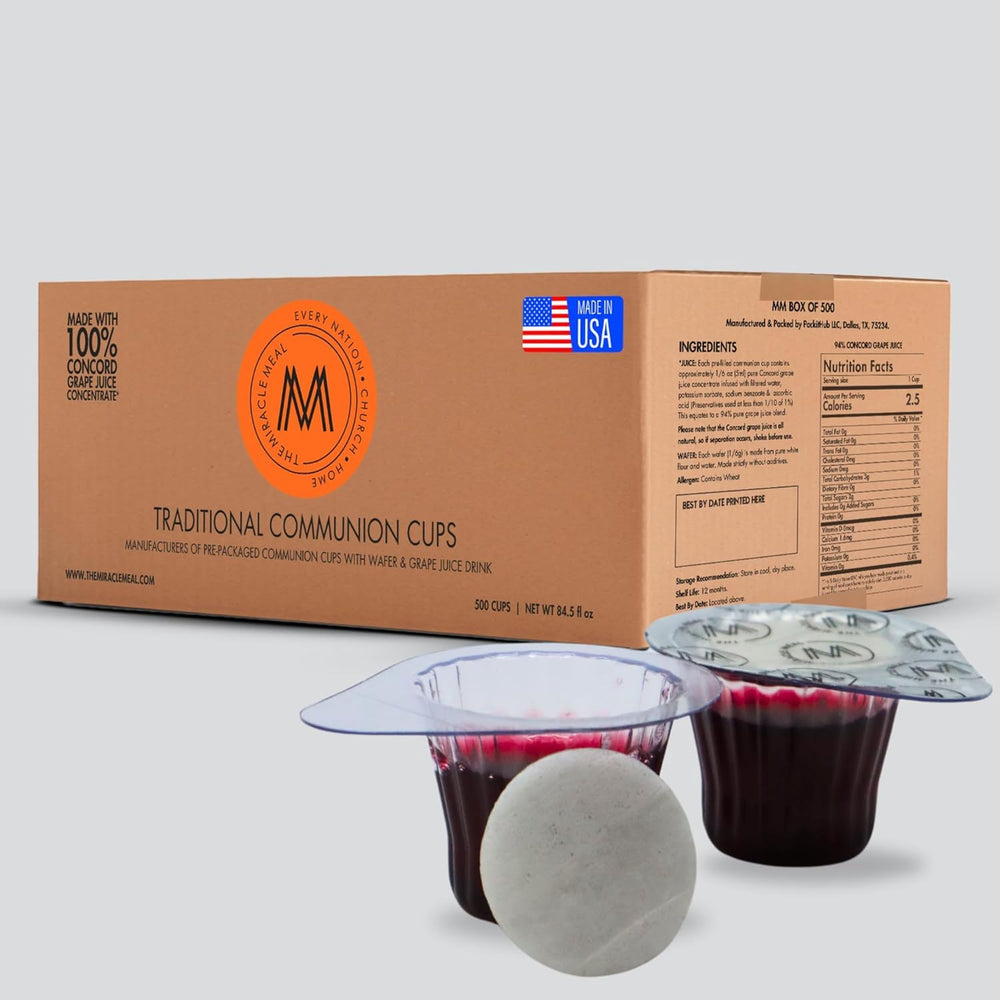 Pack It Hub Miracle Meal cups with juice, ready for seamless church service use.