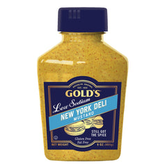 Paesana Gold's Low Sodium New York Deli Mustard bottle highlighting a sharp bite with lower salt