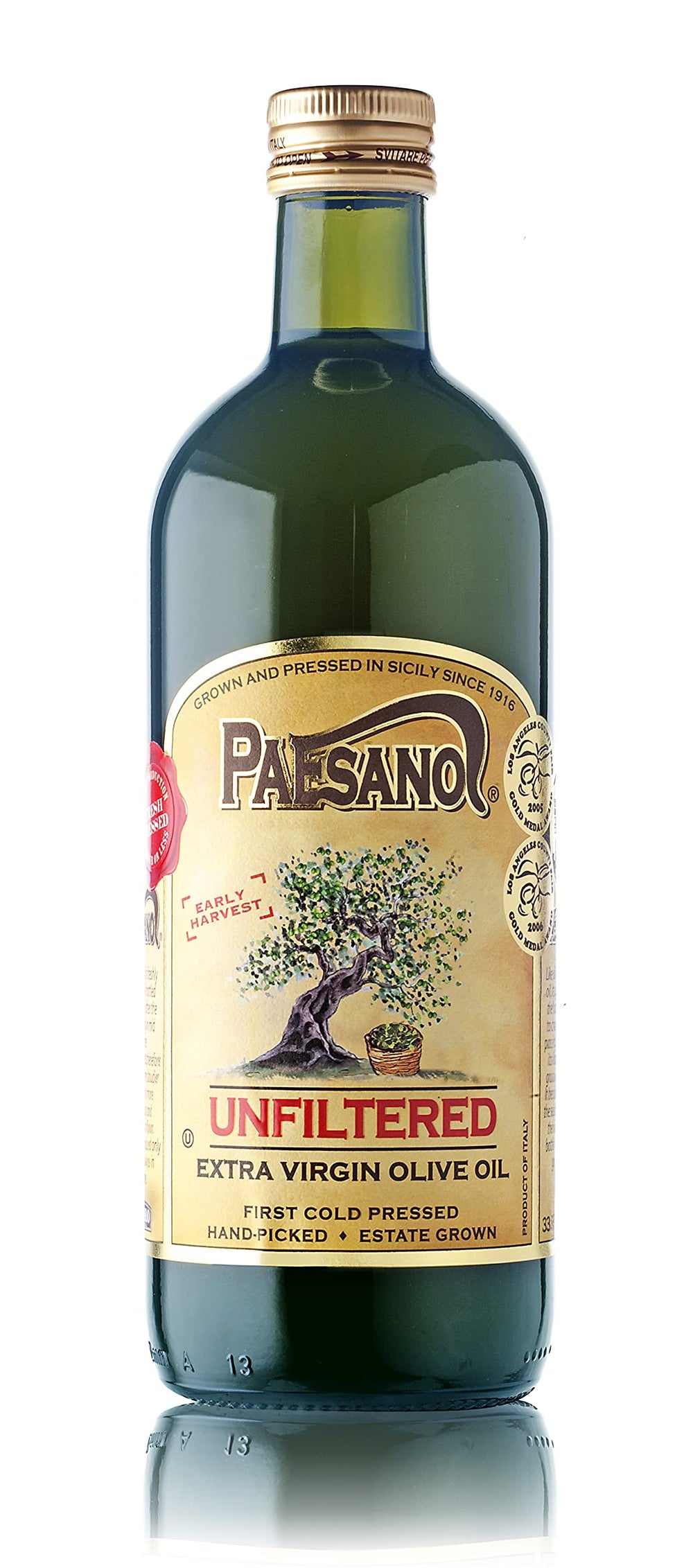 Paesanol extra virgin olive oil bottle showcases unfiltered cloudy green color for robust flavor.