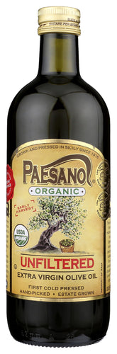 Paesanol organic unfiltered olive oil bottle showing vibrant color for finishing salads.