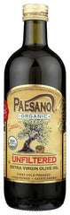 Paesanol organic unfiltered olive oil bottle showing vibrant color for finishing salads.