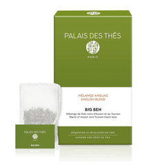 Palais des Thés Big Ben English Breakfast tea bag in cup, ideal for a robust morning brew.