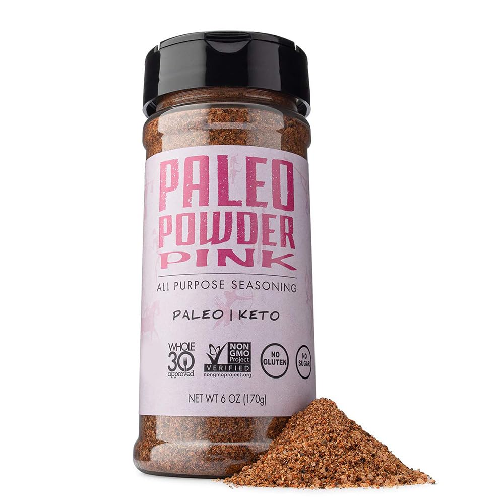 Paleo Powder All Purpose Seasoning bottle with Himalayan pink salt for versatile everyday flavor.
