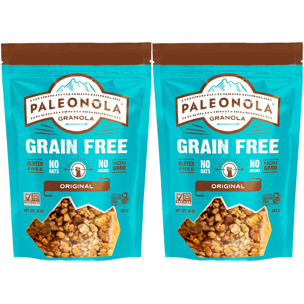 Paleonola Original grain-free granola packaging for two-pack resealable bag.