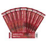 Paleovalley Beef Sticks Original package on shelf, gluten-free, high-protein on-the-go snack.