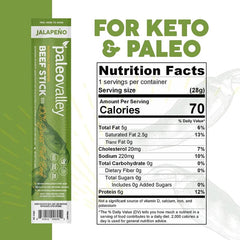 Paleovalley grass-fed beef sticks packaging highlighting gluten-free ingredients.