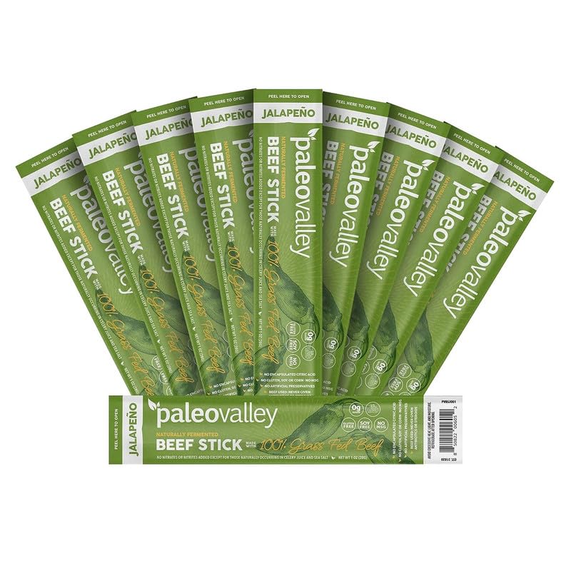 Paleovalley jalapeño beef sticks on-the-go ready-to-eat protein snack.