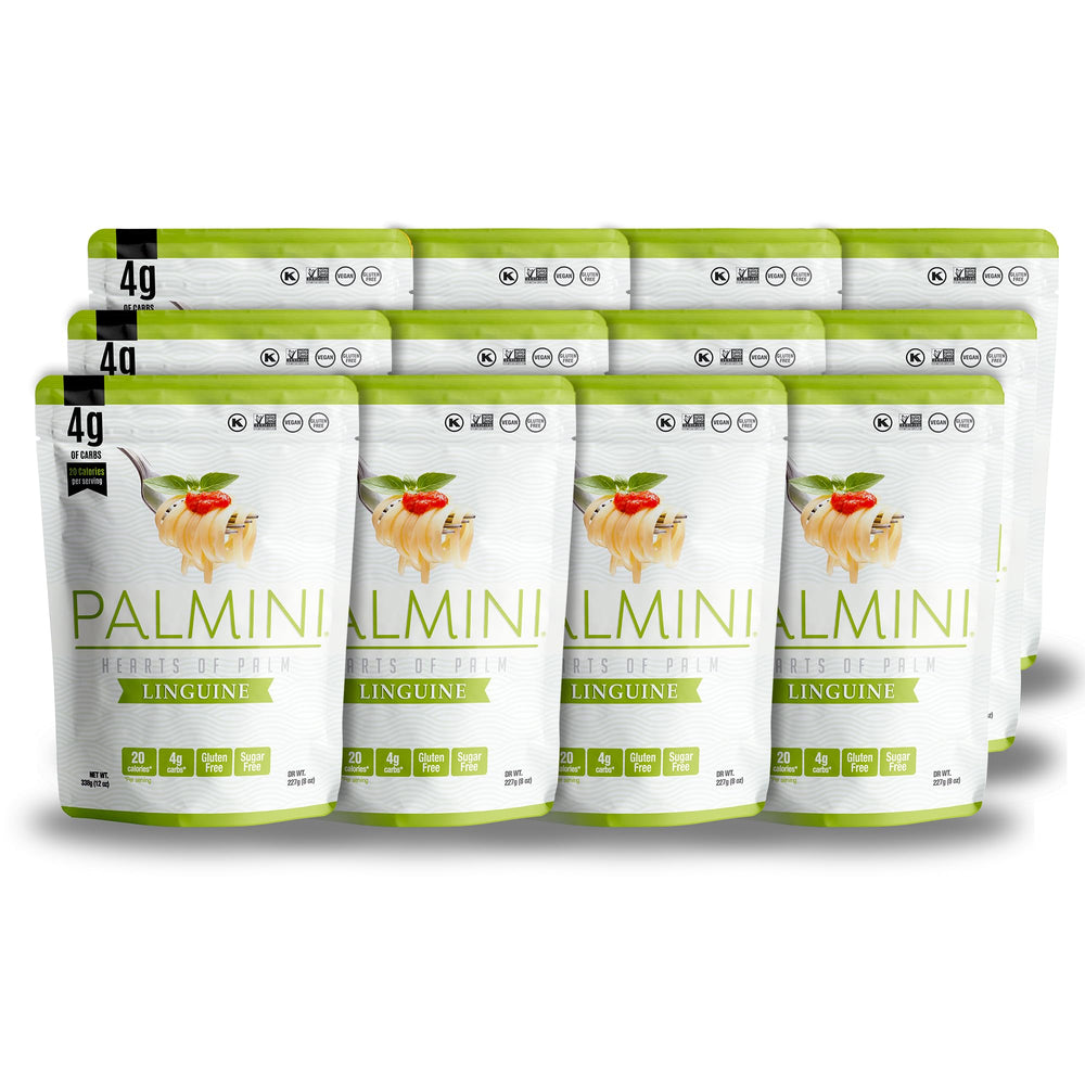 Palmini linguine pasta packaging highlights gluten-free, low-calorie option.