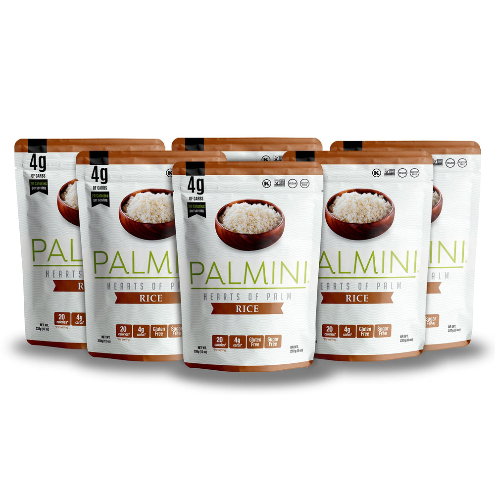 Palmini Rice six-pack packaging shown for easy low-carb meal prep.