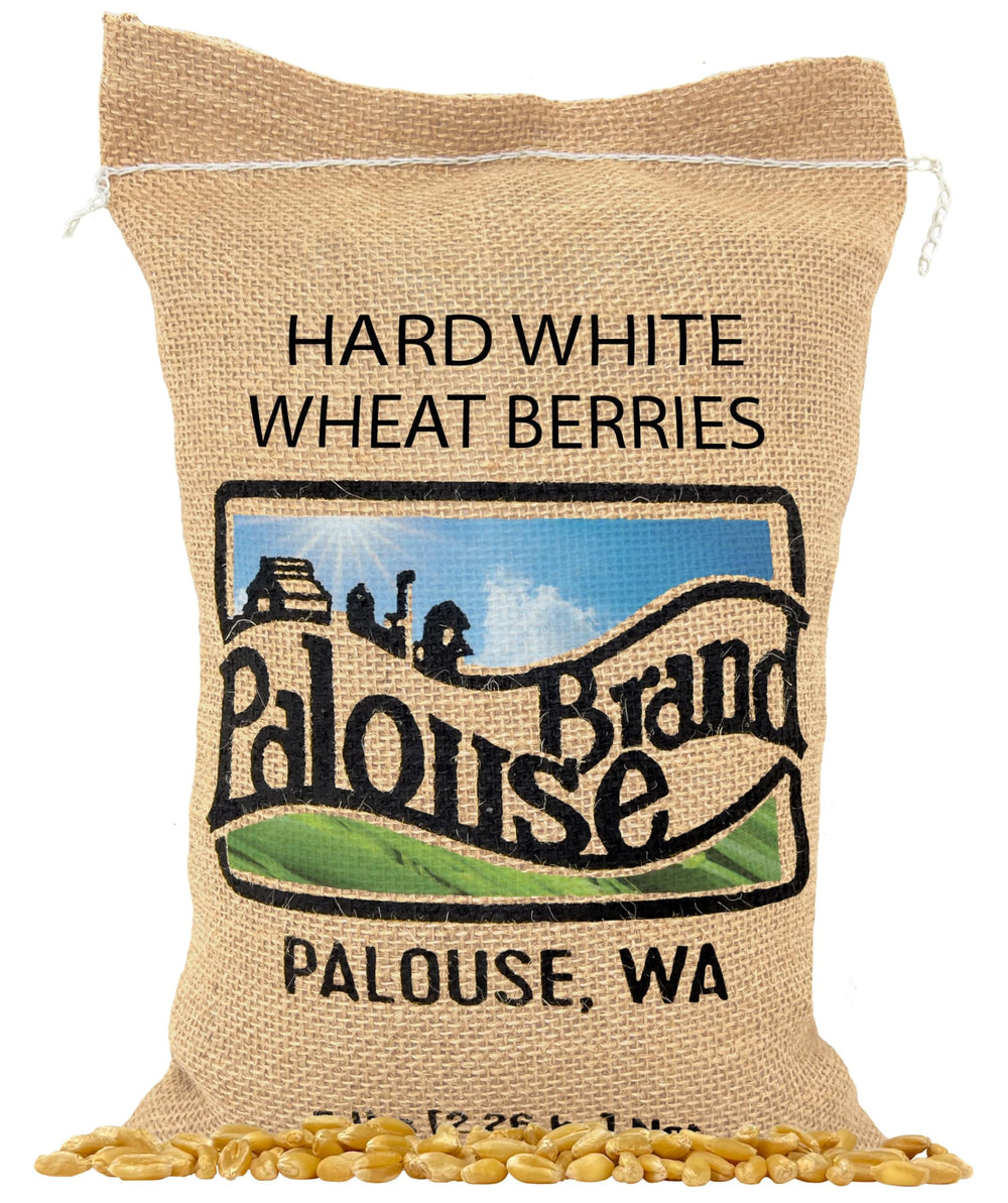 Palouse Brand glyphosate-free hard white wheat berries in a bag for pantry storage.