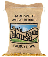 Palouse Brand glyphosate-free hard white wheat berries in a bag for pantry storage.