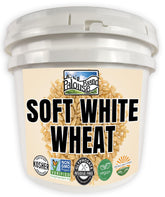 Palouse Brand glyphosate-free wheat berries bucket for long-term storage.