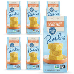 Pamela's gluten-free cornbread mix box, pack of six, ready for wholesome baking