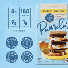Six-pack display of Pamela's Honey Grahams for convenient on-the-go snacking.